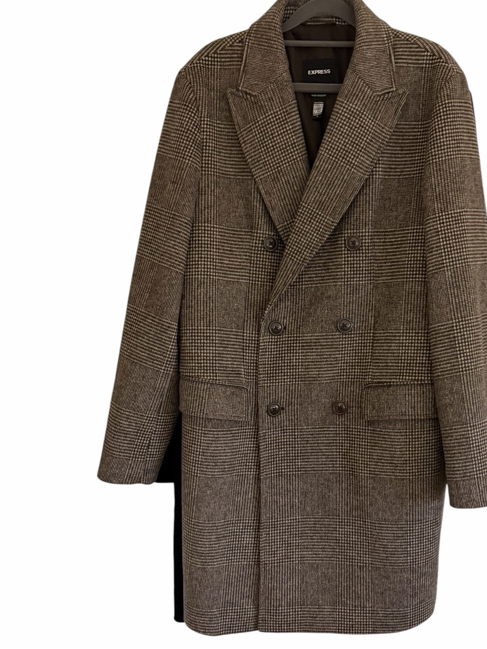 Express Men’s Brown Glen Plaid Double-Breasted Pea Coat 3/4 length